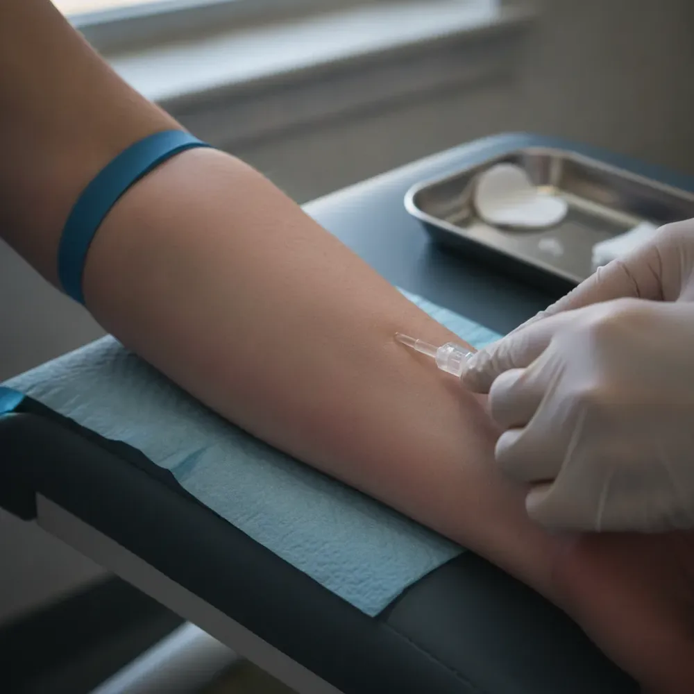 Gloved hand securing IV catheter tape on a patient's forearm before IV hydration therapy