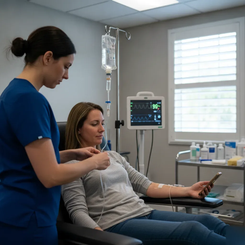 Nurse adjusting IV line for a patient during IV hydration therapy in Riverside Jacksonville