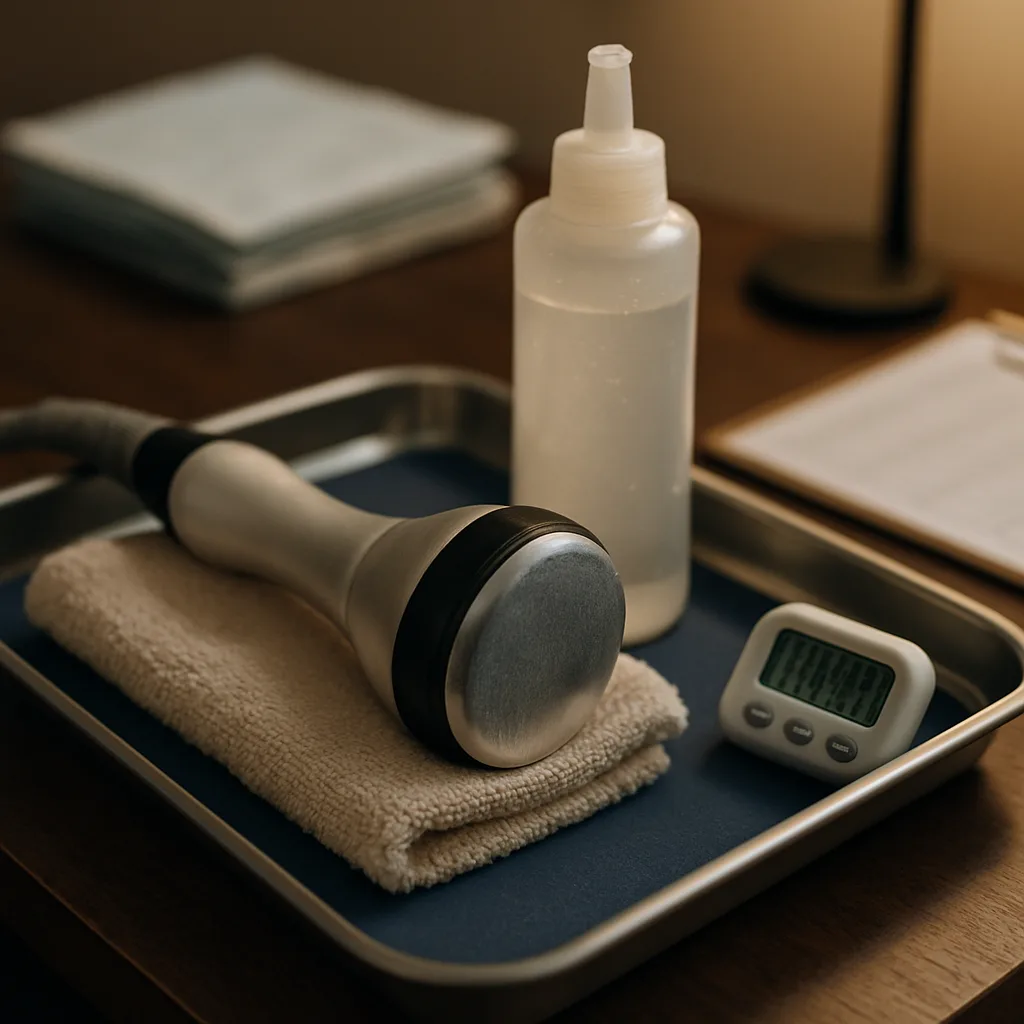 Cavitation body sculpting handpiece and tools on treatment tray in Southside Jacksonville clinic