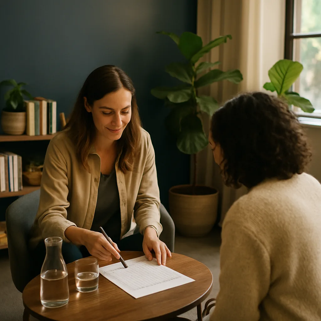 Health coach and patient review habit tracker during Jacksonville weight loss coaching session