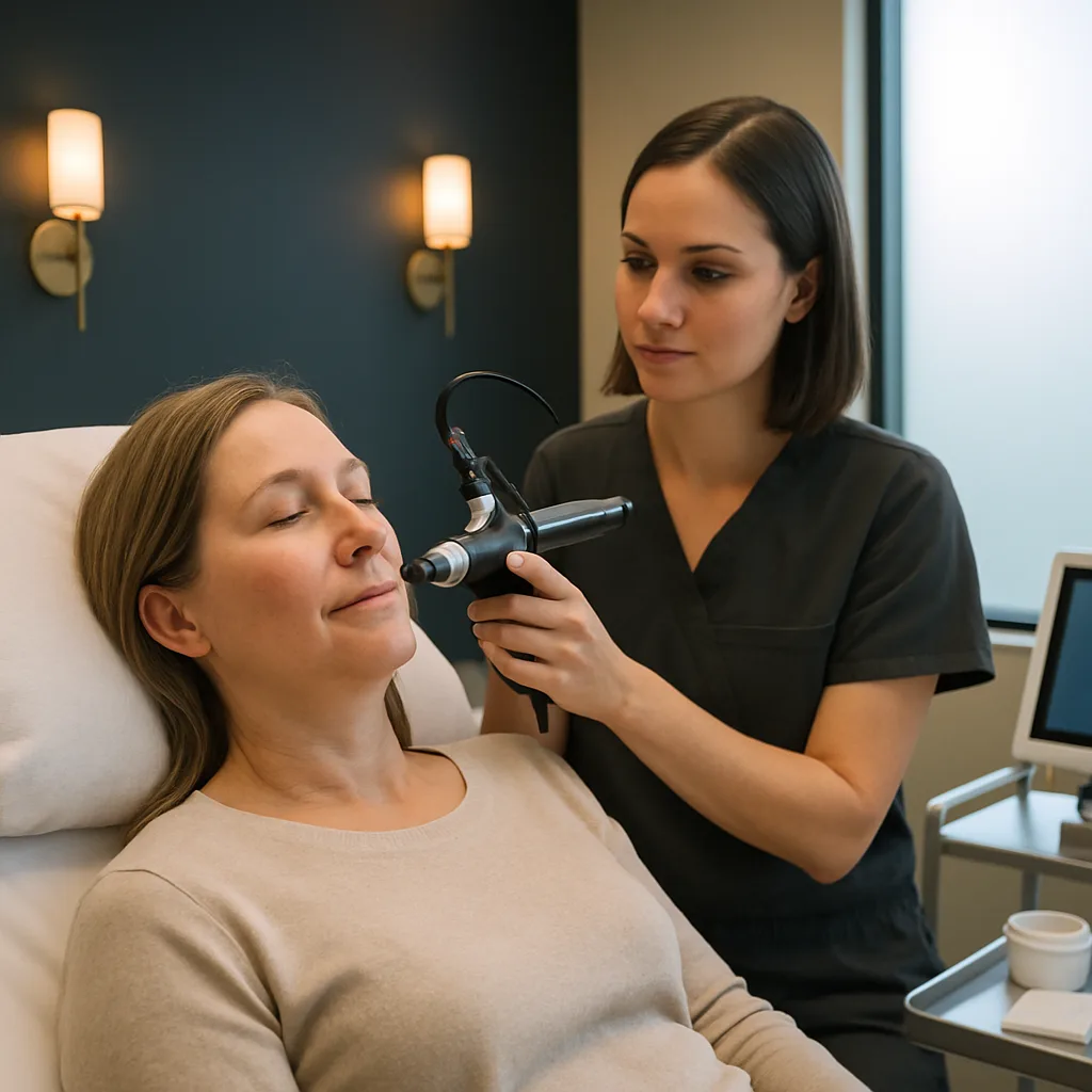 Clinician performing a fractional CO2 laser treatment on a patient's cheek in Southside Jacksonville