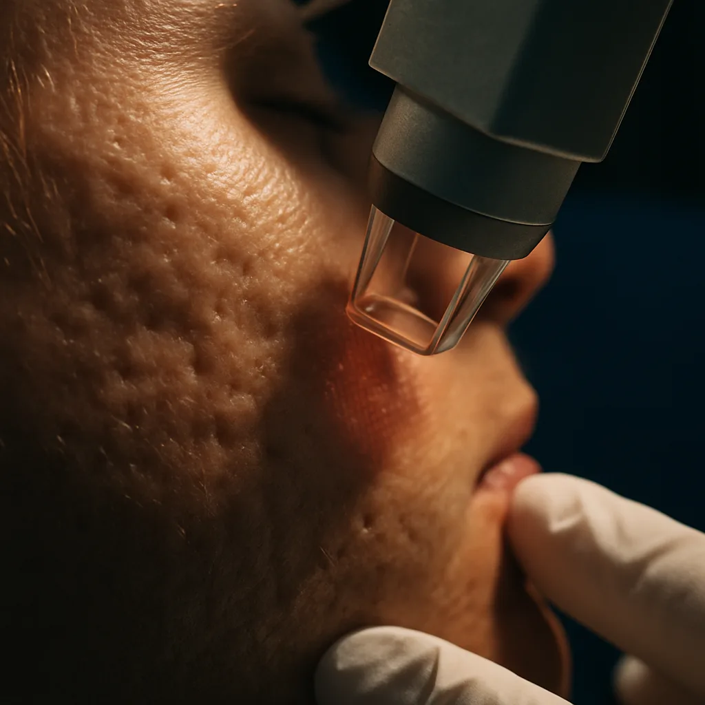 Close-up of laser handpiece treating acne scars during CO2 laser session in Jacksonville