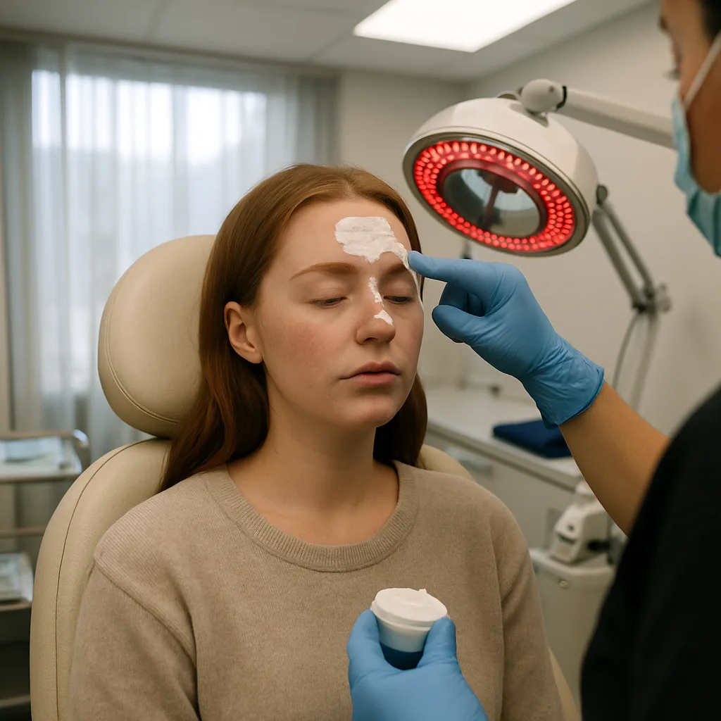 Clinician applies numbing cream to patient's forehead before laser treatment in Jacksonville