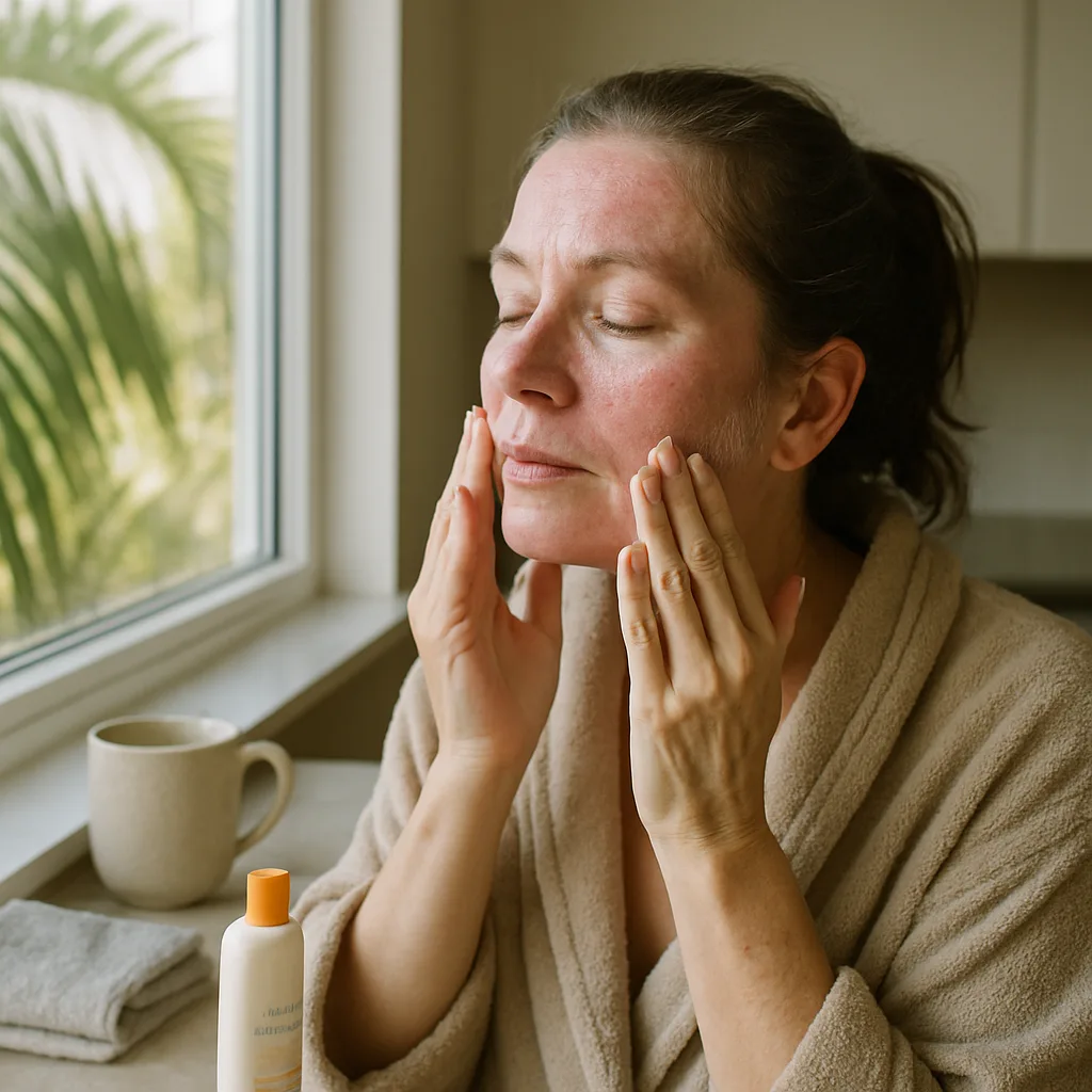 Woman applies sunscreen at home during laser recovery in humid Jacksonville climate