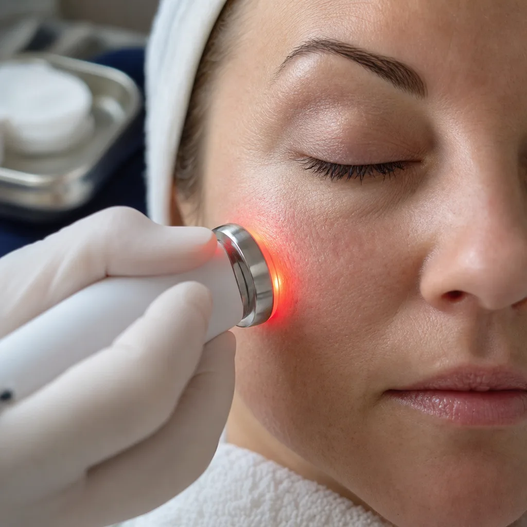 Red light therapy device on skin during an anti-aging facial in Southside, Jacksonville