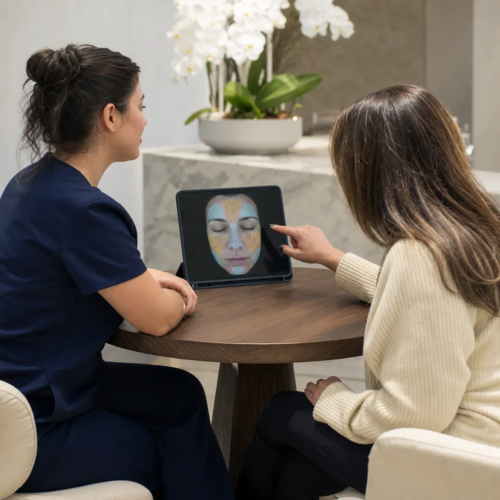 Provider reviewing a skin diagnostic scan for an anti-aging facial plan in Southside, Jacksonville