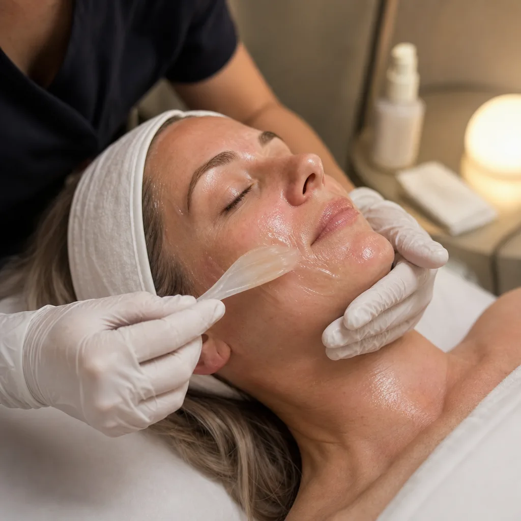 Cooling gel mask applied after an anti-aging facial in Southside, Jacksonville
