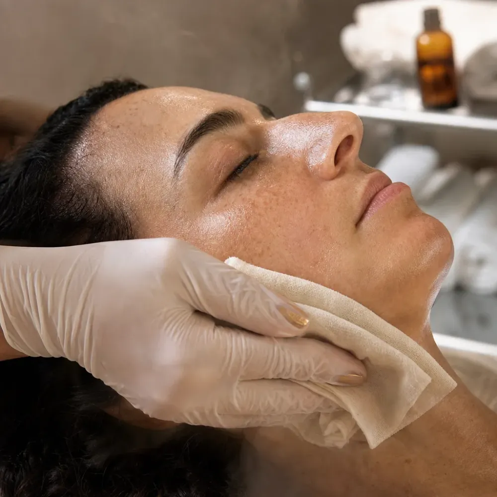 Close-up of warm cloth applied during aromatherapy facial in Southside Jacksonville spa