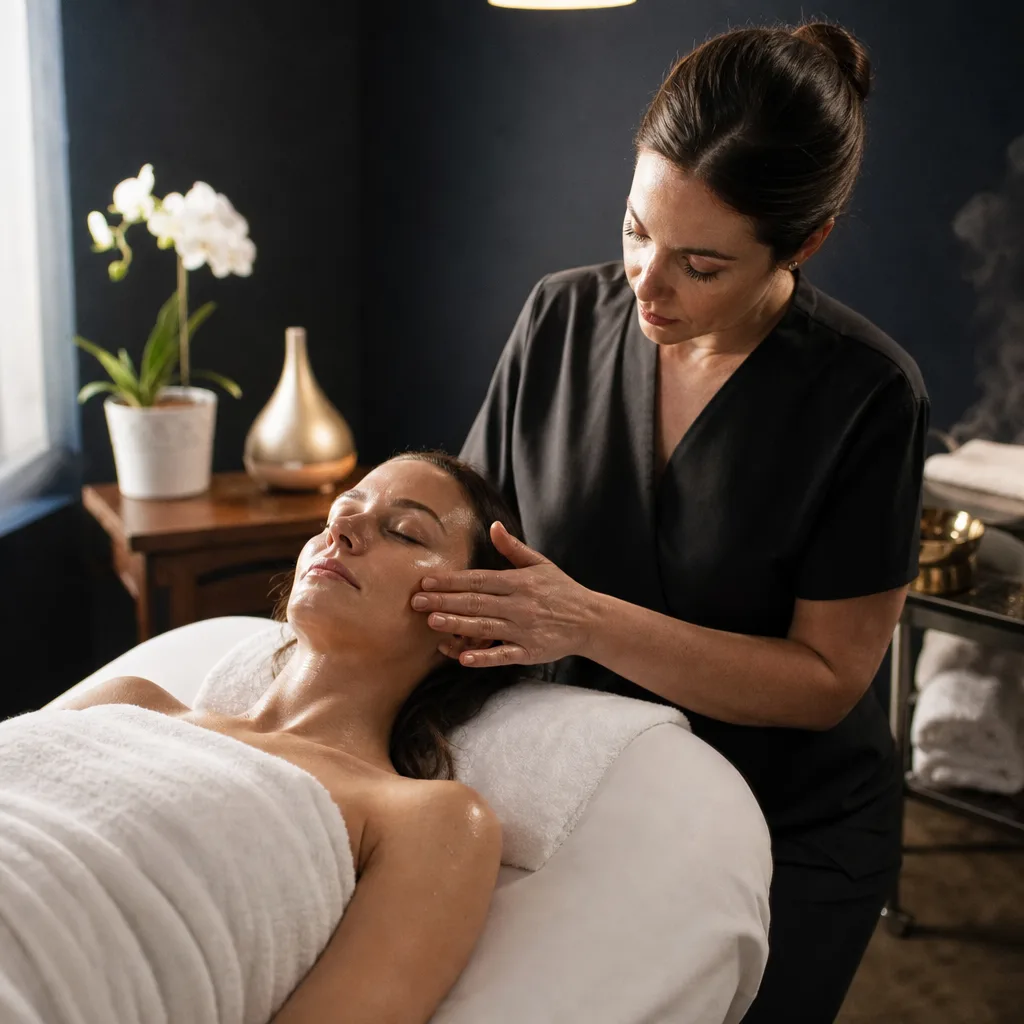 Esthetician applying aromatherapy oil to client's face at a Southside Jacksonville spa.