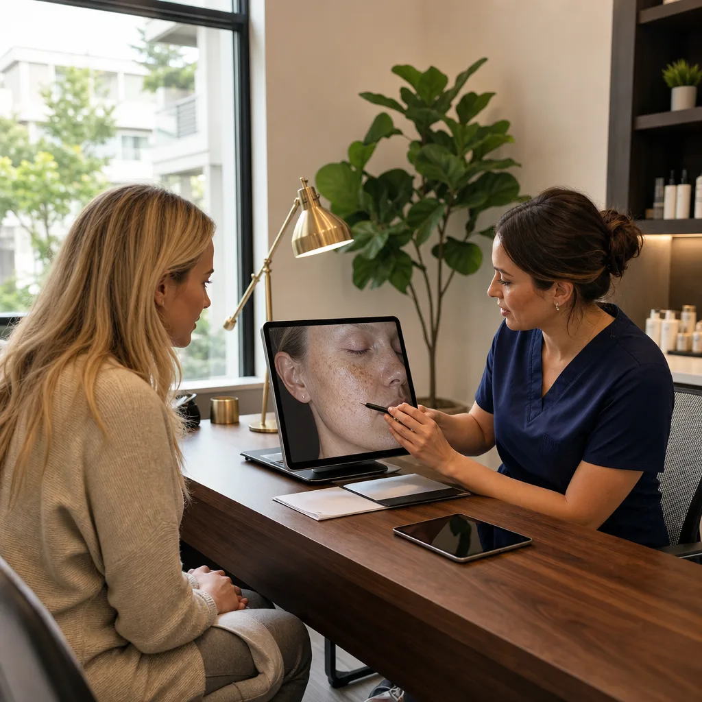 Esthetician reviewing skin diagnostic screen with client at Southside Jacksonville spa