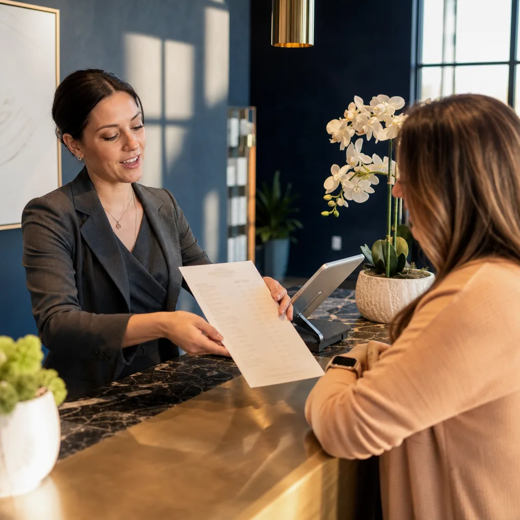Receptionist explaining facial pricing menu to client at Southside Jacksonville spa