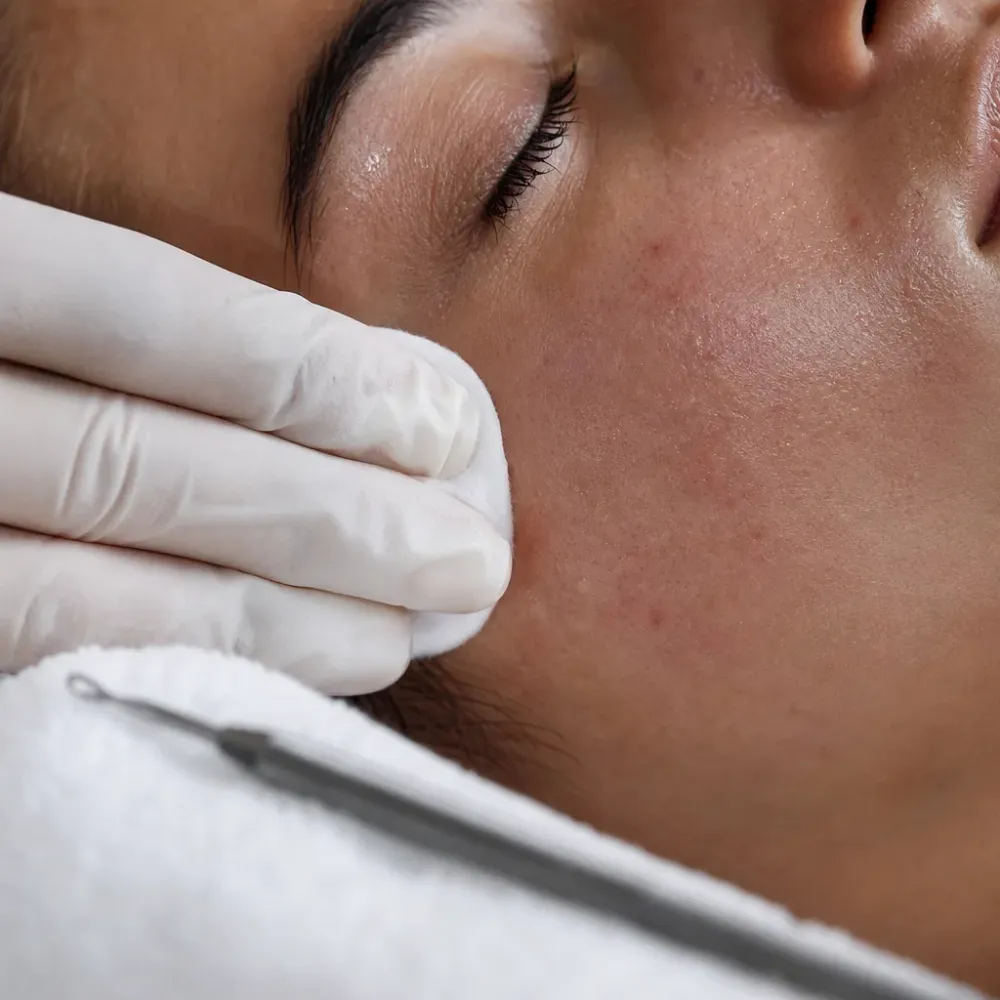Close-up of the extraction step during a basic facial in Southside, Jacksonville