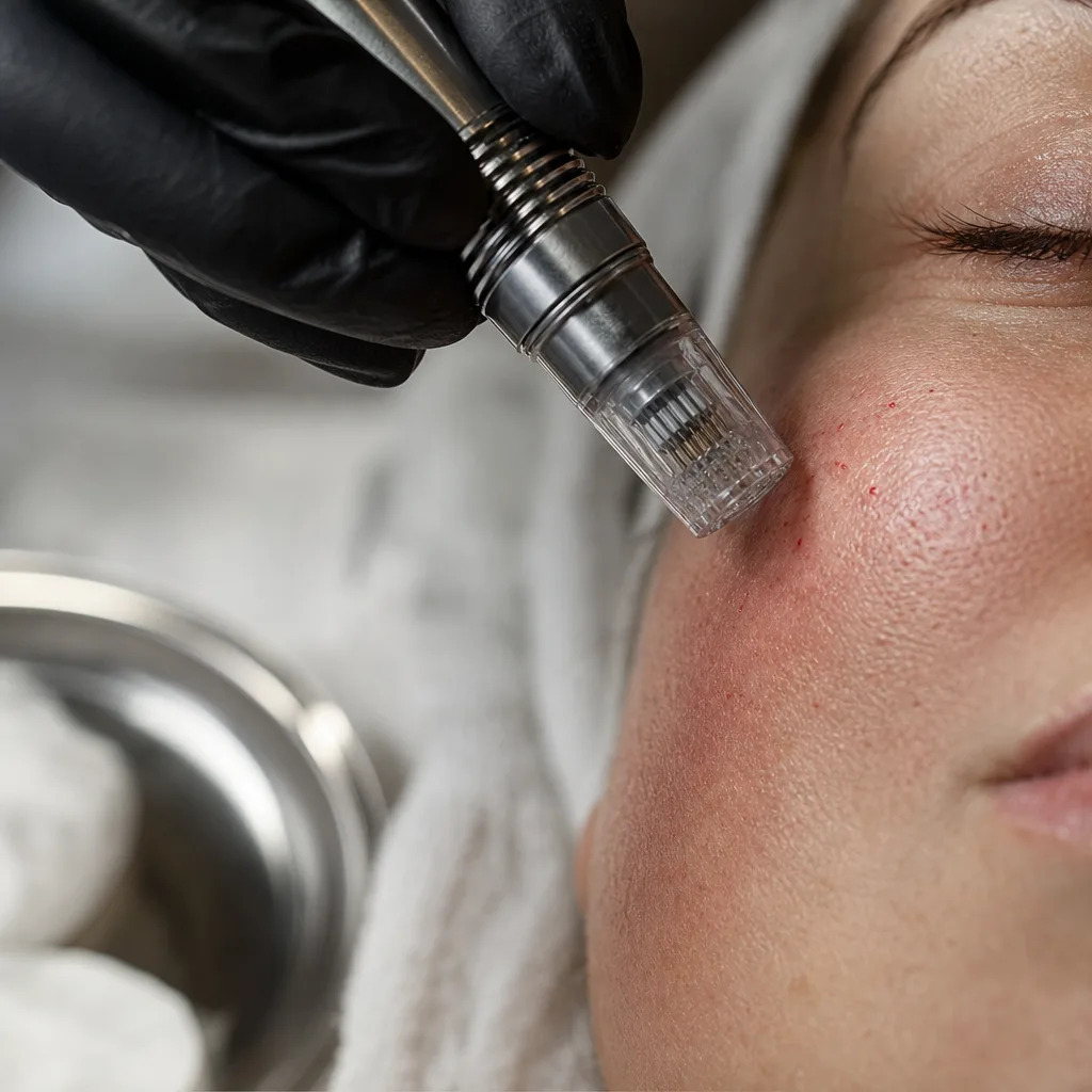 Close-up of a microneedling pen on skin during a cosmetic microneedling facial in Southside, Jacksonville