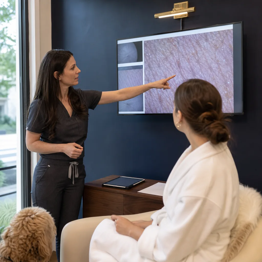 Provider reviewing a skin scan with a client before a microneedling facial in Southside, Jacksonville