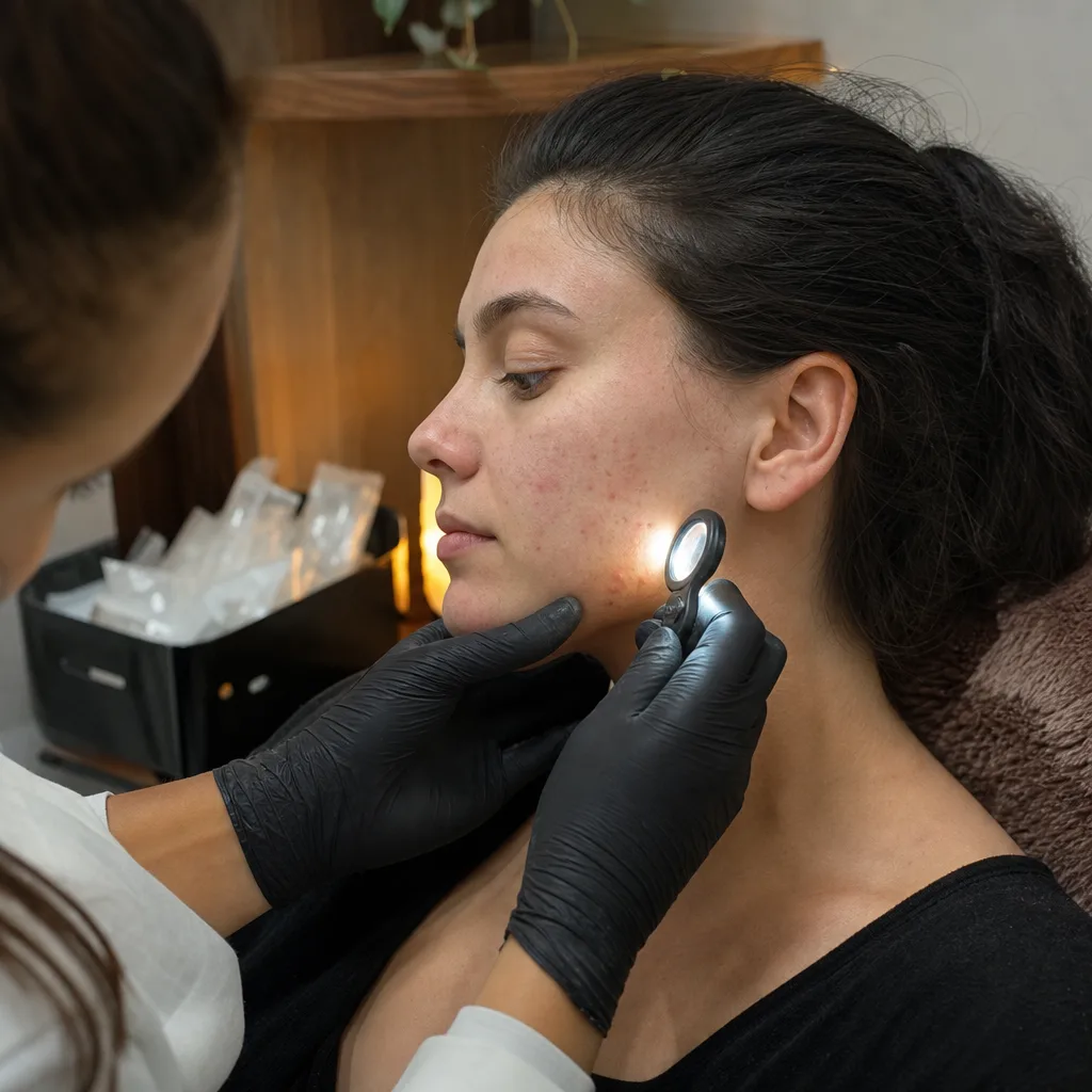 Clinician examining a client's skin before a microneedling facial in Southside, Jacksonville