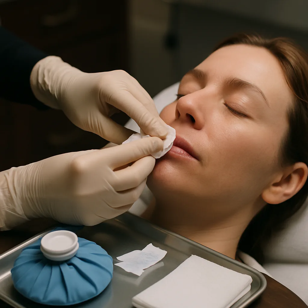 Clinician applying gauze to patient's lip after filler injection in Jacksonville spa