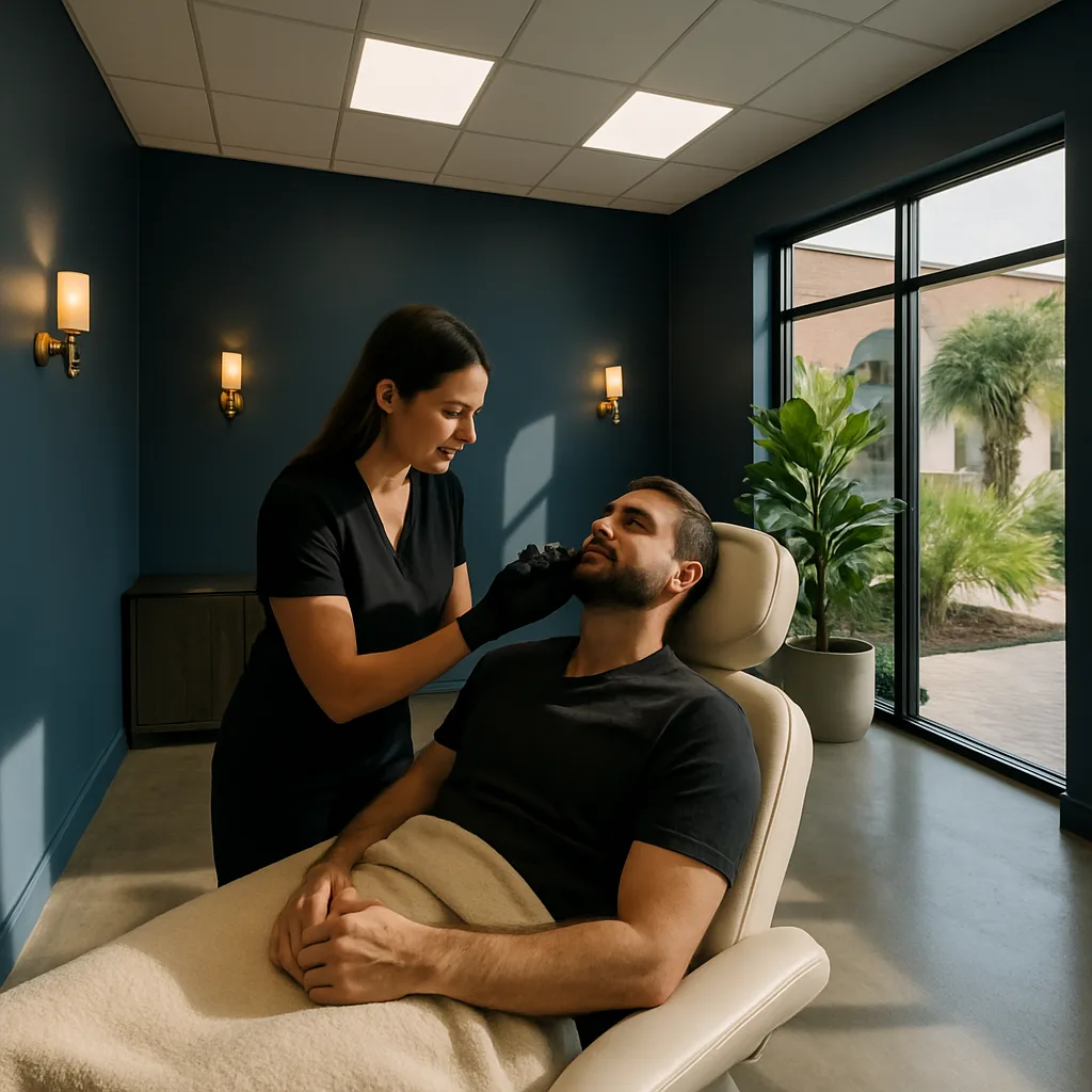 Wide view of injector treating client's jawline during filler appointment in St. Johns Town Center Jacksonville