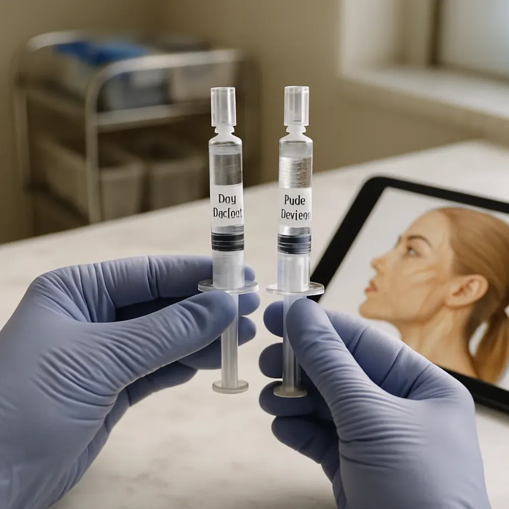 Injector comparing hyaluronic acid filler formulas on marble counter in St. Johns Town Center Jacksonville