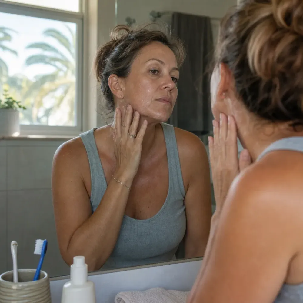Woman examining rough skin texture in a mirror at home before a basic facial in Southside, Jacksonville