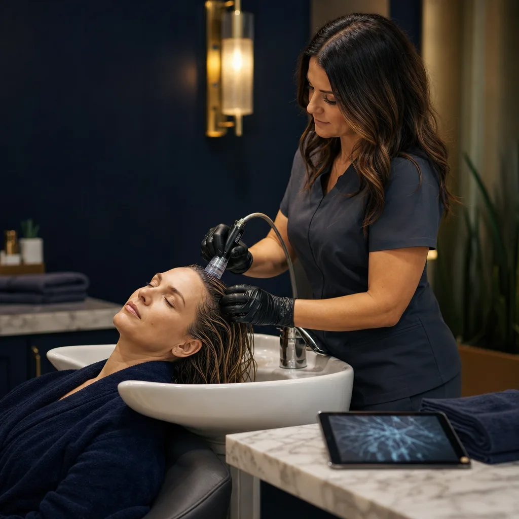 Provider using the HydraScalp wand on a client's scalp at Be Still in Southside, Jacksonville
