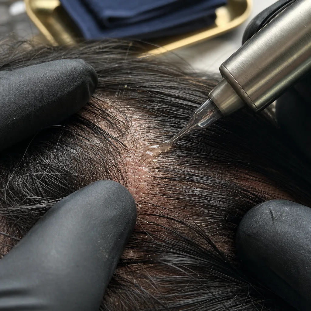 Close-up of gloved hands parting hair to check the scalp before HydraScalp in Southside, Jacksonville