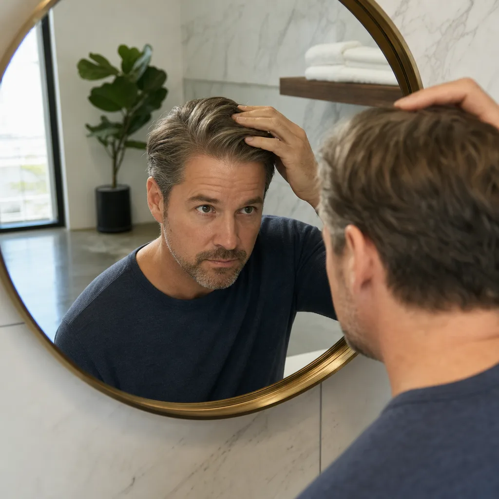 Man checking his scalp in a mirror after a HydraScalp treatment in Southside, Jacksonville