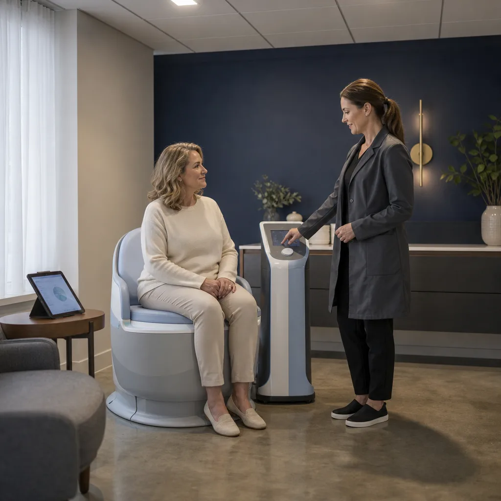 Woman seated on the Emsella chair during incontinence treatment at Be Still in Southside, Jacksonville