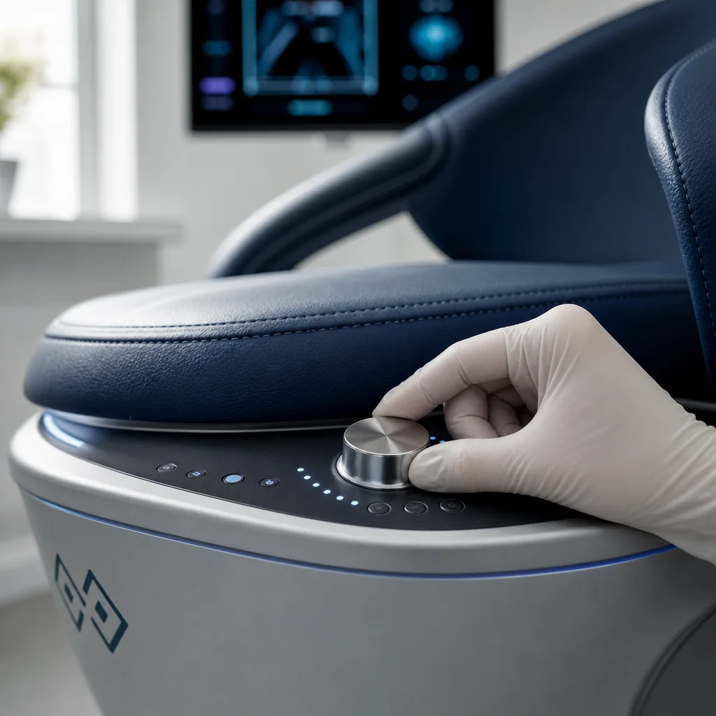 Clinician adjusting the Emsella chair controls during incontinence treatment in Southside, Jacksonville