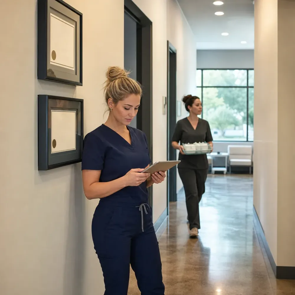 Licensed injector reviewing a patient chart beside framed credentials at Be Still in Southside, Jacksonville