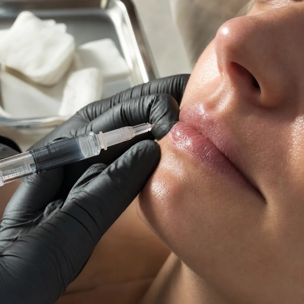 Close-up of needle placement during a lip filler injection in Southside, Jacksonville