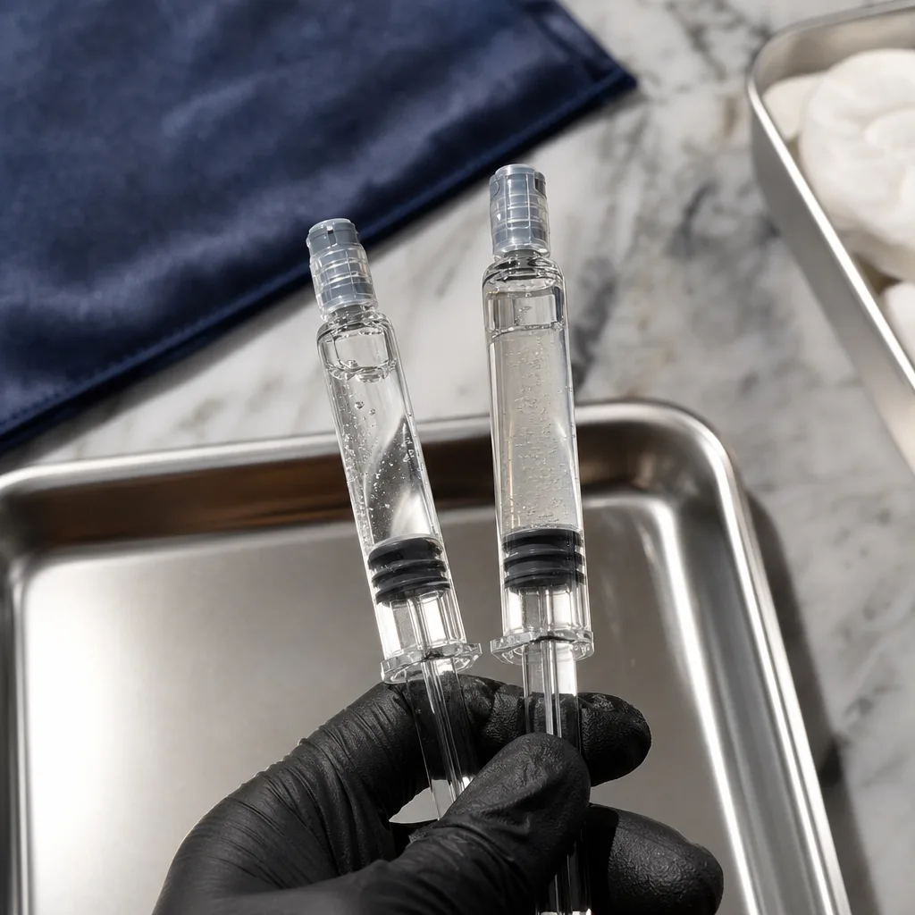 Injector comparing two lip filler syringes before treatment in Southside, Jacksonville