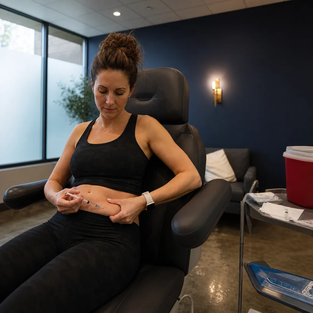 Client in a treatment chair pointing to a peptide injection site at Be Still in Southside, Jacksonville