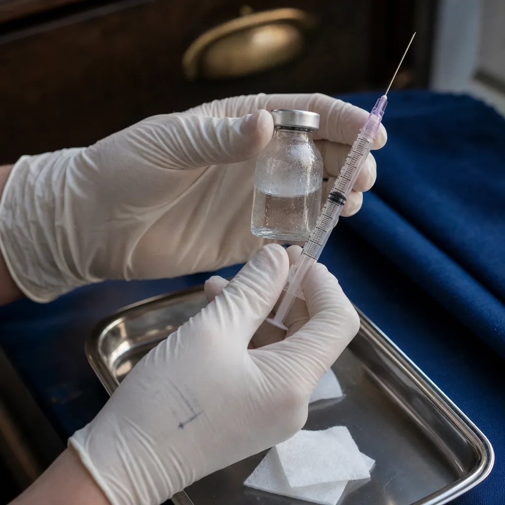 Gloved hands drawing a peptide from a vial into a syringe in Southside, Jacksonville