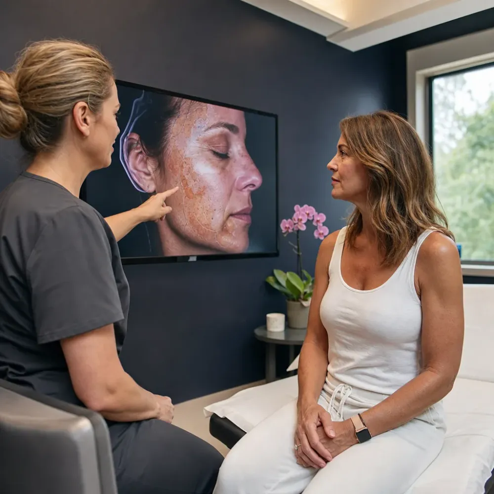 Patient reviewing skin diagnostics before PRF facial at Southside Jacksonville medical spa
