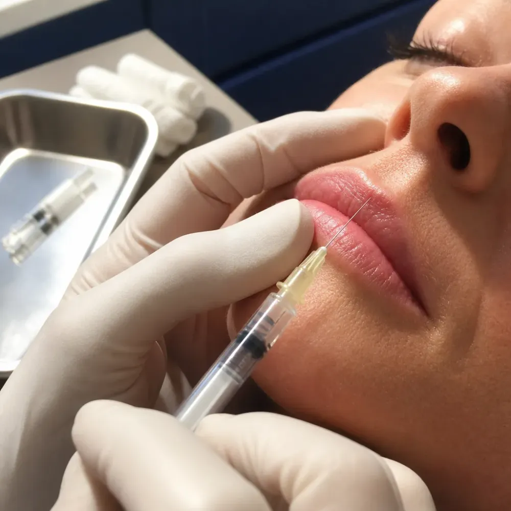 Close-up of Revanesse VAMP needle placement along the upper lip in Southside Jacksonville