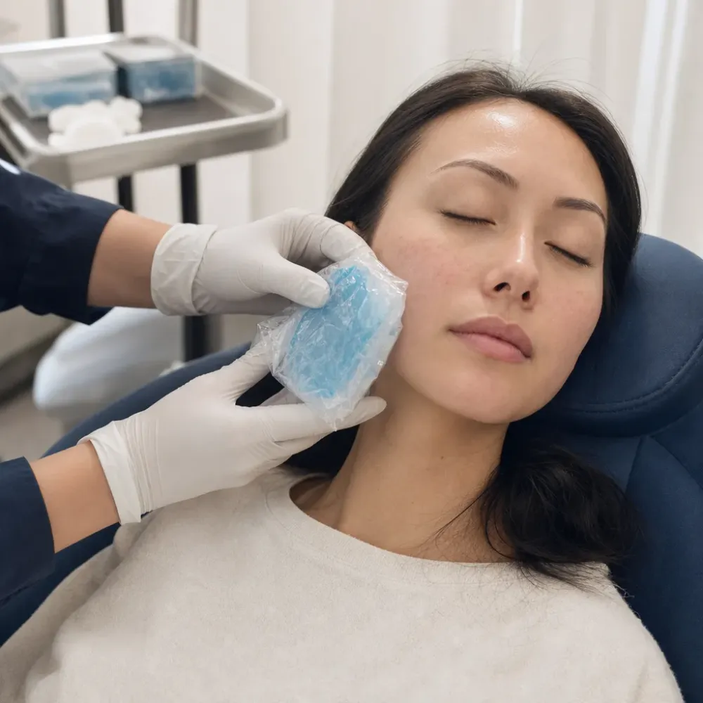Cold compress applied to a client's cheek after an RHA filler appointment in Southside, Jacksonville