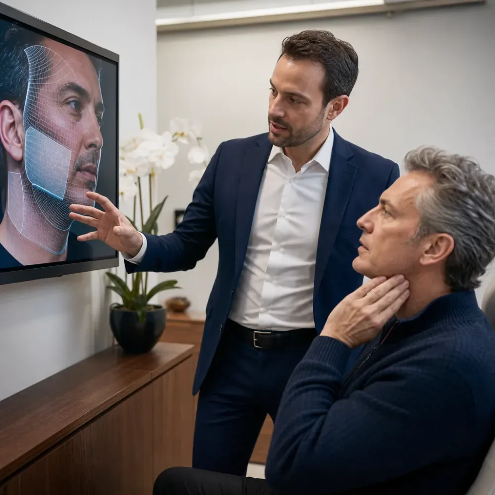 Injector showing a client facial movement on screen to match an RHA filler in Southside, Jacksonville