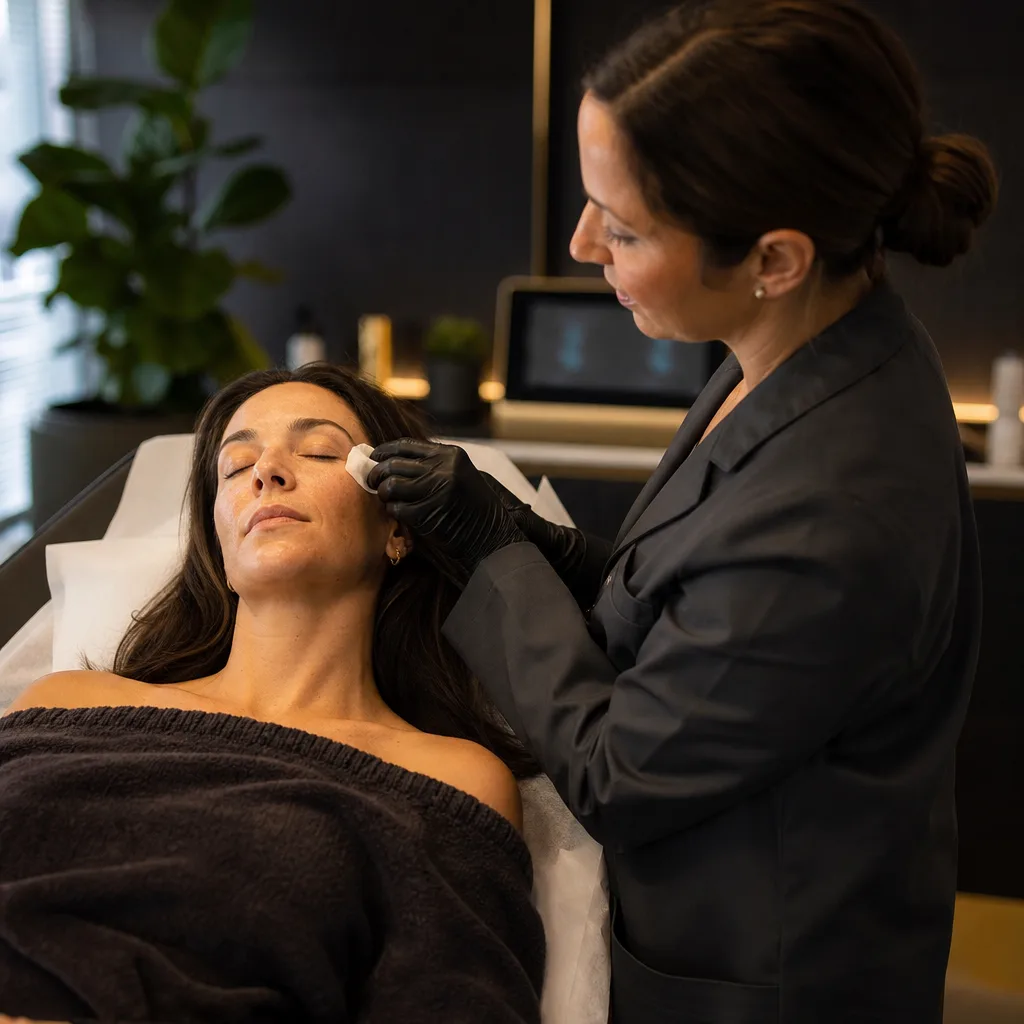 Provider applying a TCA peel solution to a client's cheek at Be Still in Southside, Jacksonville
