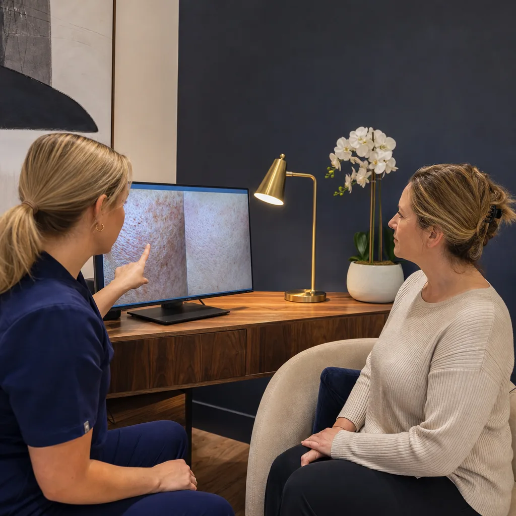 Provider reviewing skin diagnostics before a TCA peel consultation in Southside, Jacksonville