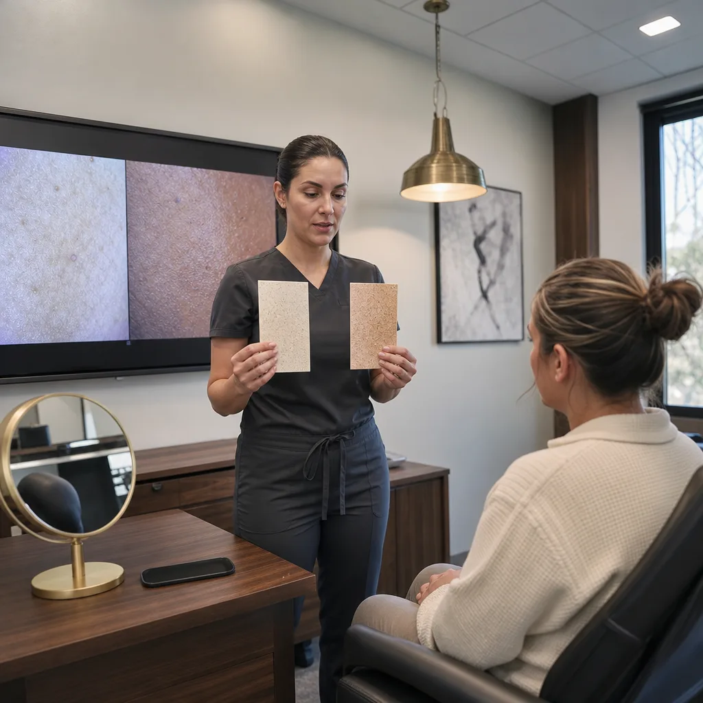 Provider comparing peel options with a client during a consultation in Southside, Jacksonville